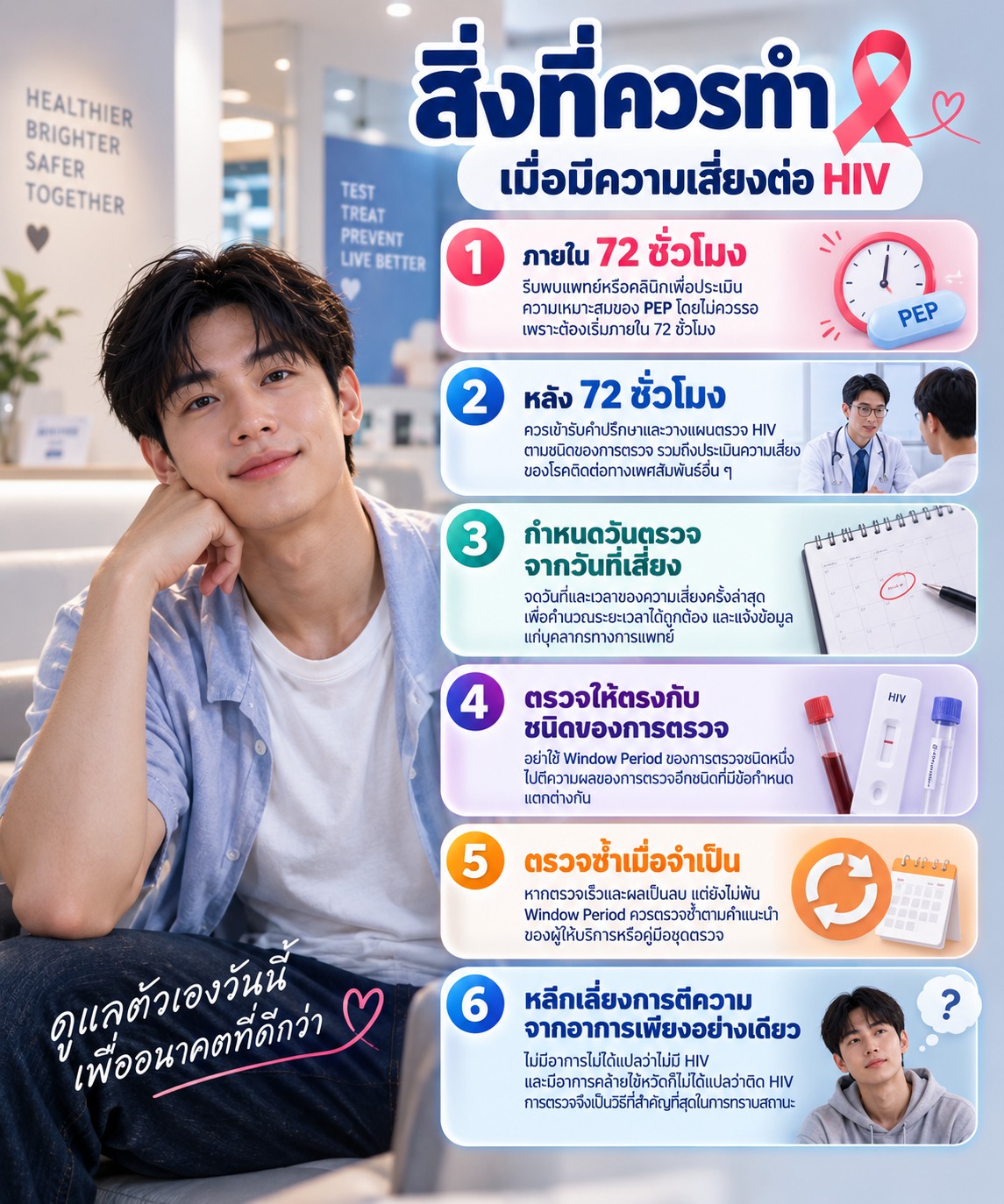 ภาพสรุปขั้นตอนหลังมีความเสี่ยงต่อ HIV ตั้งแต่การพิจารณา PEP ภายใน 72 ชั่วโมง ไปจนถึงการวางแผนตรวจและตรวจซ้ำตามช่วงเวลาที่เหมาะสม
