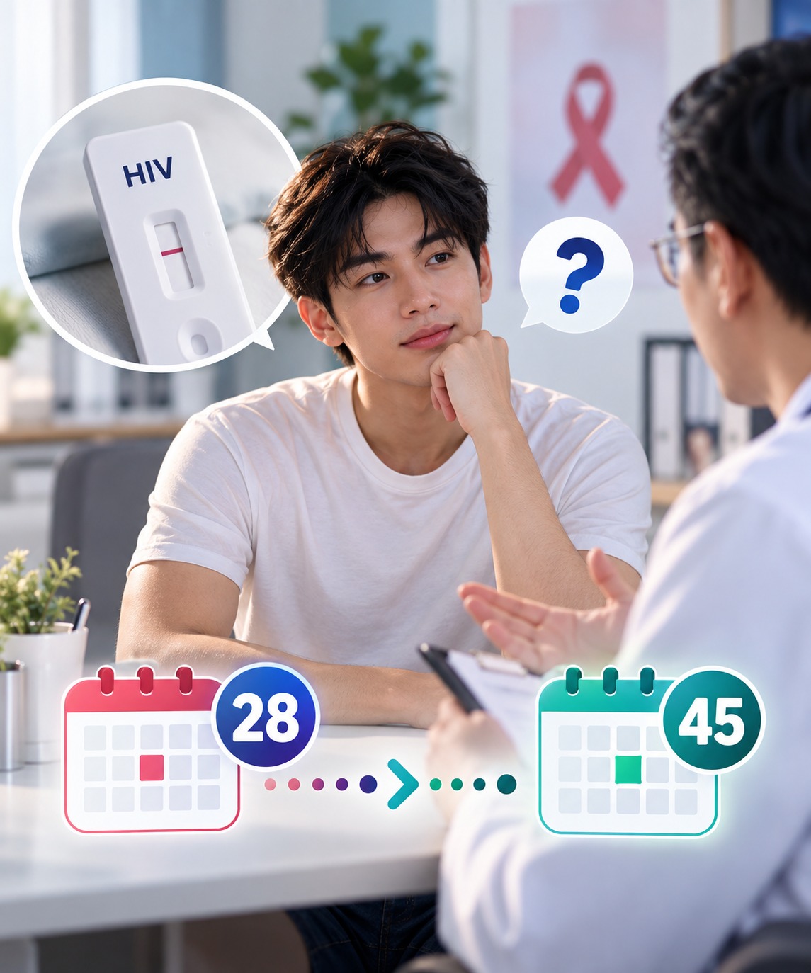 ภาพชายกำลังปรึกษาแพทย์เรื่องผลตรวจ HIV ที่ 28 วัน พร้อมปฏิทินเปรียบเทียบช่วง 28 และ 45 วันเพื่อวางแผนตรวจซ้ำ