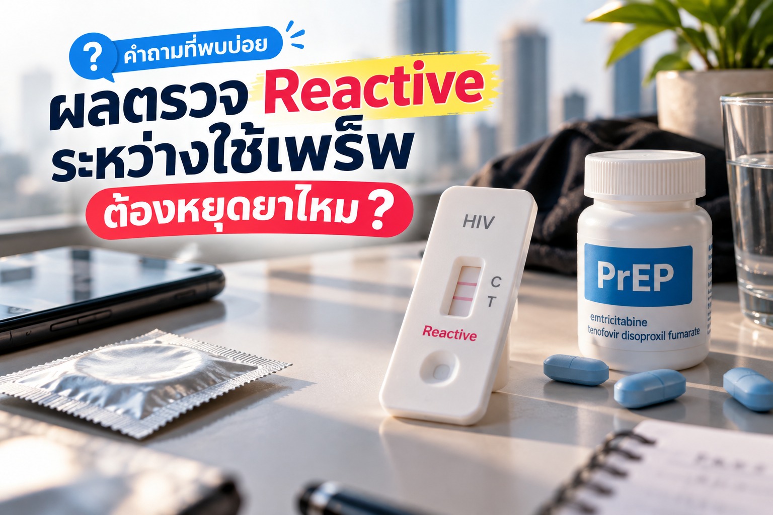ภาพชุดตรวจ HIV ขึ้น reactive วางคู่กับยา PrEP และถุงยางอนามัย สื่อถึงคำถามเรื่องการใช้ PrEP ต่อ การตรวจยืนยัน และการป้องกันระหว่างรอผล